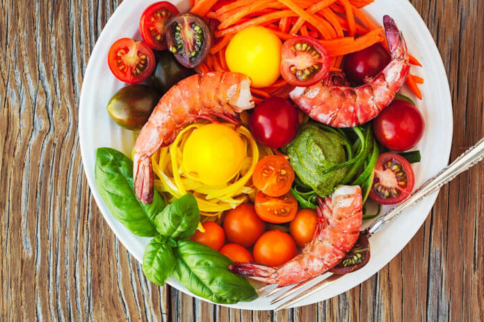 Gluten,Free,Vegetable,Zucchini,Spaghetti,Pasta,Noodle,Dish,,Shrimp,Pesto