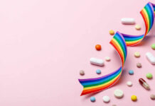 Stunning HIV Prevention Breakthrough Colorful pills and a rainbow ribbon on a pink background
