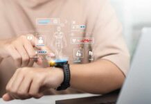 Person interacting with a smartwatch displaying health data