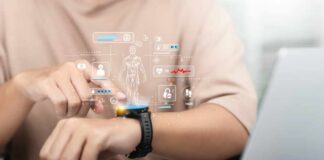 Person interacting with a smartwatch displaying health data