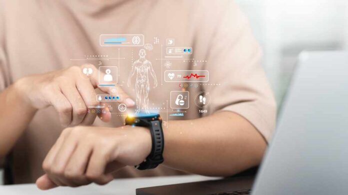shutterstock_2628472159.jpg Person interacting with a smartwatch displaying health data