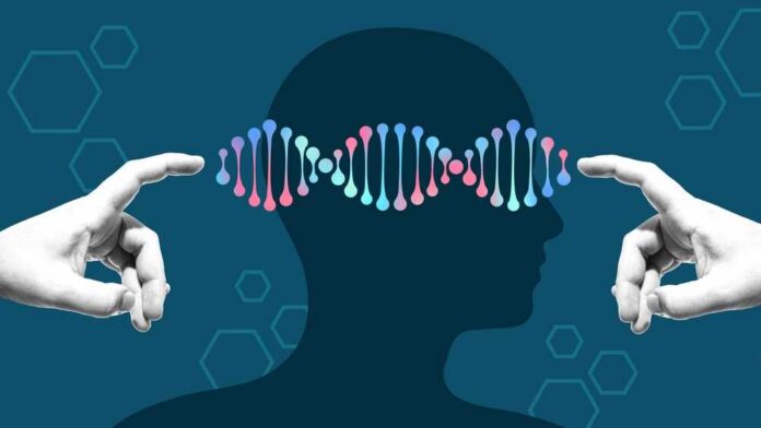 shutterstock_2684425819.jpg Illustration of a human head with DNA strands and hands reaching towards it