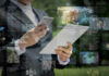 Business professional using a smartphone while surrounded by digital news articles and data visualizations