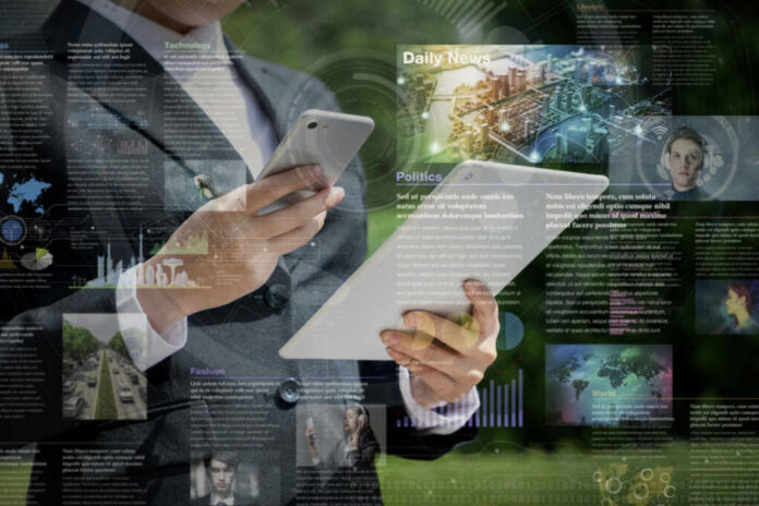 Business professional using a smartphone while surrounded by digital news articles and data visualizations