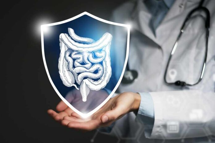 Protecting,Patient`s,Health,And,Recovery,Concept.,Neutral,Color,Palette,,Copy A doctor holding a digital shield with a graphic of the digestive system