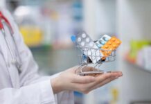 MIRACLE Migraine Drug: Unexpected Blindness Shield! A doctor holding a miniature shopping cart filled with various medication packs