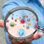 Virus Lingers in Semen for Years – Shocking Discovery! A person holding a magnifying glass showing colorful microorganisms