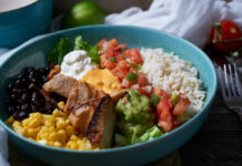 Diet Swap, Mood Shift? Women’s Twist A vibrant bowl filled with grilled chicken, rice, black beans, corn, guacamole, and fresh vegetables