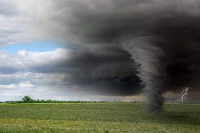 Green,Meadow,With,Coming,Thunderstorm,And,Tornado.,Weather,Changes A tornado forming under dark storm clouds in an open field