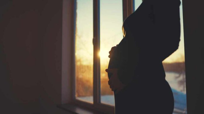 Pregnant,Woman.,Motherhood,Pregnancy,Concept,Light.,40,Year,Old,Pregnant Silhouette of a pregnant woman standing by a window at sunset