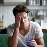Man with headache holding a glass of water