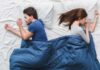 Snoring Wrecks Marriages — Remedies, Devices, and Cure Couple sleeping back to back in bed under blue blanket