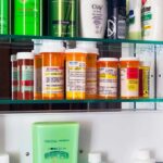 Medicine cabinet with prescription bottles and toiletries