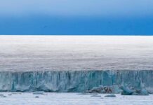 Ice cliff along a polar glacier under a blue sky