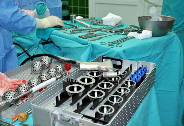 Surgical instruments and implants on a covered operating table