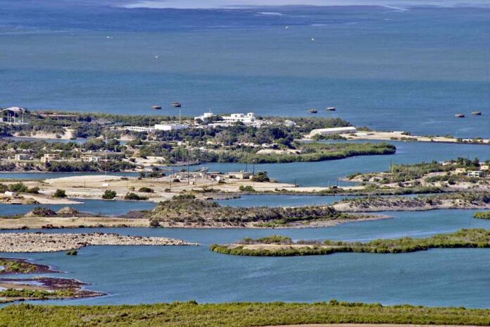 Aerial view of a coastal landscape featuring waterways and islands
