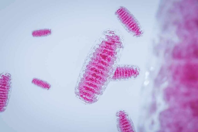 Pink rod-shaped bacteria under magnification