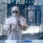 Scientist in hazmat suit using a transparent digital tablet in a lab