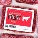 Packaged lab-grown beef with red label