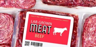 Packaged lab-grown beef with red label