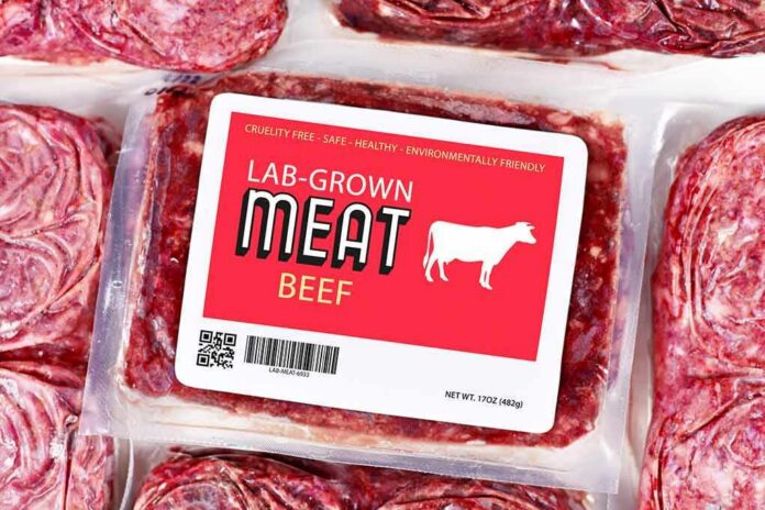 shutterstock_1791126431 Packaged lab-grown beef with red label