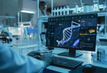 Aging’s Hidden Alarms Exposed Scientist analyzing DNA model on computer in laboratory